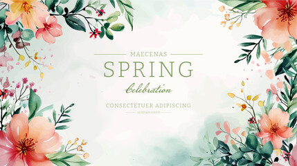 Vector watercolor banner with beautiful flowers framed for spring celebration - obrazy, fototapety, plakaty