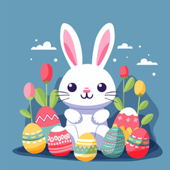 Easter white rabbit among painted brightly colored eggs sitting in bushes. Flat illustration for Easter holiday on blue background. 