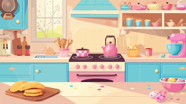 Kitchen for baking Easter cookies 2D vector.