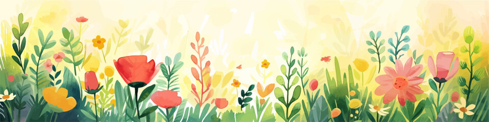 Rural spring landscape with a river and green meadows. Vector watercolor illustration. - obrazy, fototapety, plakaty