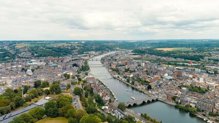 Fototapeta na wymiar Namur, Belgium. Panorama of the central part of the city. River Meuse. Summer day, Aerial View