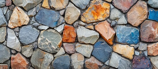 Obraz premium A detailed shot of a stone wall constructed with a variety of colored rocks, showcasing the beauty of natural building materials and the intricate patterns created by cobblestones.