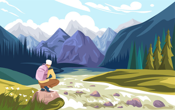 Male sitting near to river, mountain landscape