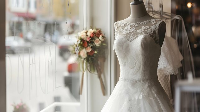 Wedding Dress Displayed on Mannequin in Window