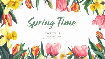 Frame decorated with flowers, tulips for women's day on March 8. Spring celebration