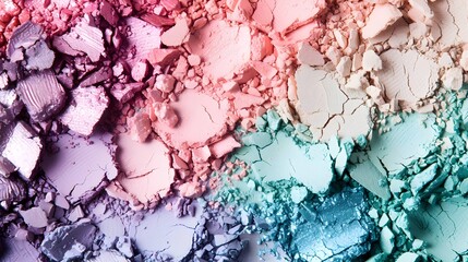 Vivid colored eye shadow makeup palette, crushed powder swatches. Woman cosmetic and beauty product, aesthetic pattern, cosmetics texture wide banner, tender pastel color eyeshade pattern