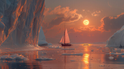 Sailboat cruising among massive icebergs during dusk. Disko Bay, Greenland, sailing boat in front of a full moon with white ice 