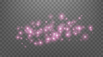 Pink glittering dots, particles, stars magic sparks. Glow flare light effect. Pink luminous points. Vector particles on transparent background.