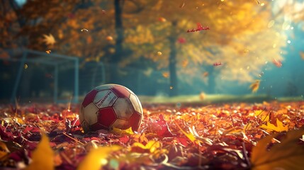 single football laying in autumn leaves. Nobody.