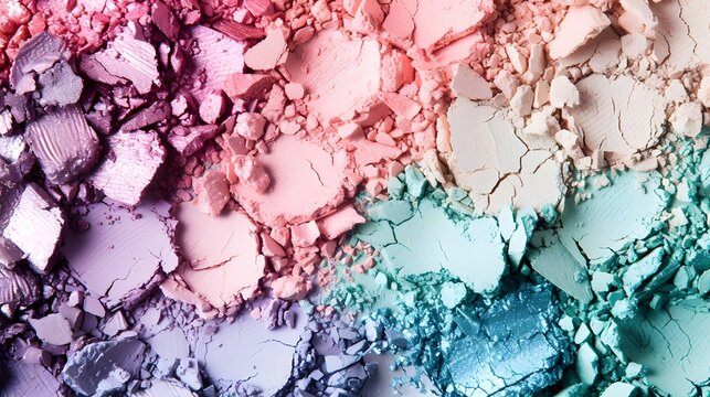 Vivid colored eye shadow makeup palette, crushed powder swatches. Woman cosmetic and beauty product, aesthetic pattern, cosmetics texture wide banner, tender pastel color eyeshade pattern