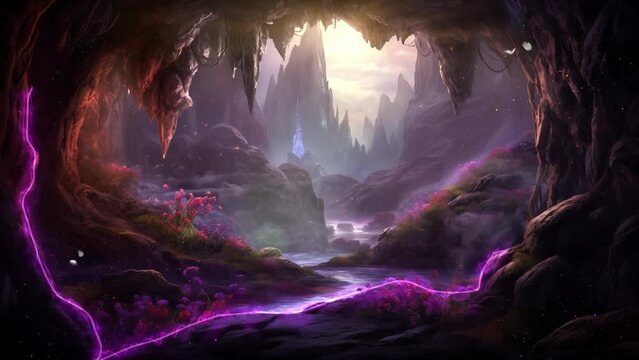 fantasy cave in the mountains fantasy landscape. cartoon anime illustration style. seamless looping overlay 4k virtual video animation background 