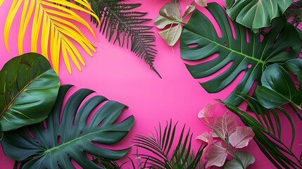 Fototapeta na wymiar Vibrant tropical foliage flat lay: creative neon color palette inspired by nature