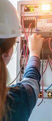 An electrician connects electrical wires. A girl electrical engineer works with electrical wiring at an enterprise.