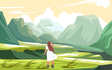 Woman traveling to mountains, landscape views