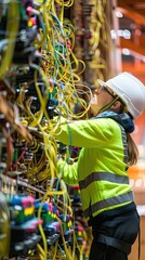 An electrician connects electrical wires. A girl electrical engineer works with electrical wiring at an enterprise.