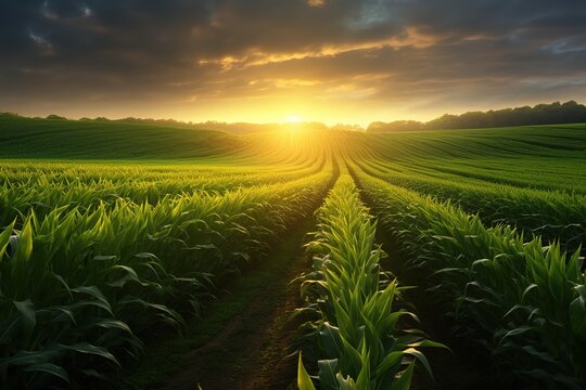 Green corn field in farm garden and shining light at sunrise