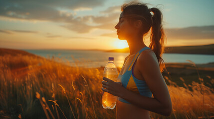 Drinking water, women after sports run and training in nature. Workout, hiking, and walking challenge with a bottle of water, sweating girl drinking water after sport  - obrazy, fototapety, plakaty