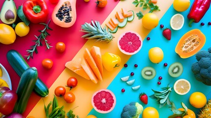 Vibrant and colorful food flat lays 