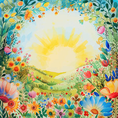 Rural spring landscape with a river and green meadows. Vector watercolor illustration.