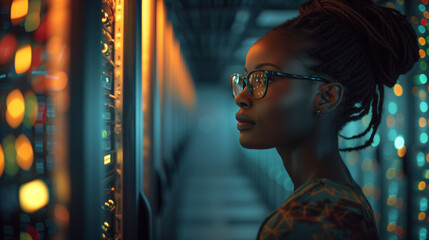 Laptop, network and data center with a black woman it support engineer working in a dark server room. Computer, cybersecurity a