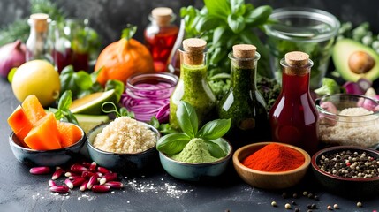 Various colourful fresh raw ingredients and already blended mix in a bottles for individual consumption are on the kitchen table surface