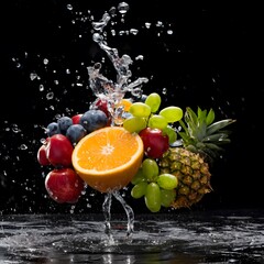 Fresh fruits with water splash on black background. Healthy food concept.  AI Generated