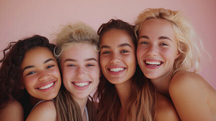 woman friends in studio on a beige background to promote skincare. Portrait, face, and smile with a happy female and friend group indoors 