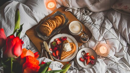 Obraz na płótnie Canvas Valentine's Day Breakfast in Bed Layout