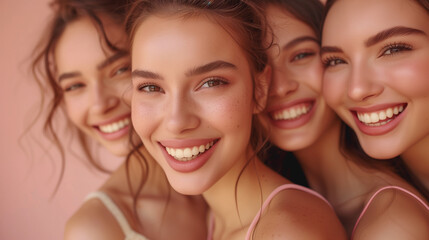 a diverse group of woman friends in the studio on a beige background to promote skincare. Portrait, face, and smile with a happy female and friend group indoors 