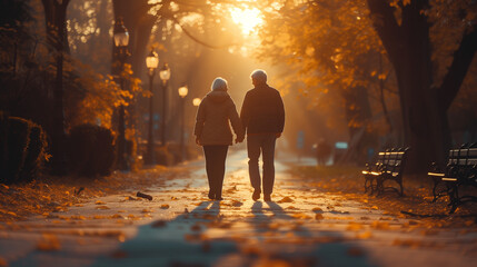 elderly old men and woman walking in the park, happy senior couple going for a walk in the park, pension retired couple - obrazy, fototapety, plakaty