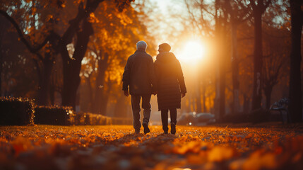elderly old men and woman walking in the park, happy senior couple going for a walk in the park, pension retired couple in nature - obrazy, fototapety, plakaty