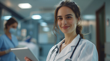 Woman Doctor with a tablet for employee management, hospital workflow, and clinic staff solutions on software or apps. Healthcare manager on digital tech for medical team research or problem solving