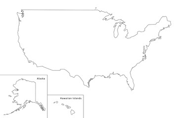 USA border map outline sketch isolated on white. Thin hand drawn black line contour. Vector clipart for banner background design, geographic, travel in America, United States events illustration.