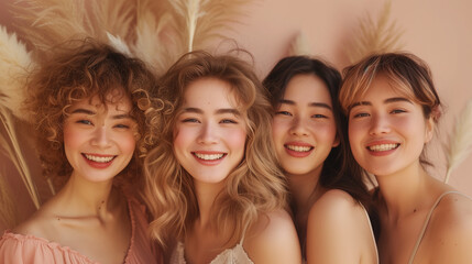 Obraz premium multi-ethnicity woman friends in a studio on a beige background to promote skincare. Portrait, face, and smile with a happy female and friend group indoors 