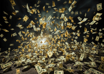 flying dollar banknotes on dark background with light