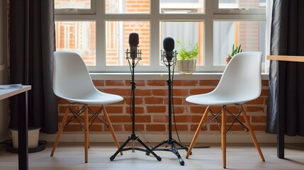 two chairs and microphones in a dedicated podcast or interview room