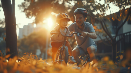 dad teaching his young son to ride while wearing a helmet for safety in their family home garden. learning bycicle