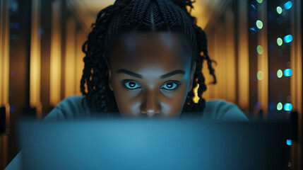 Laptop, network, and data center with a black woman IT support engineer working in a dark server room. 