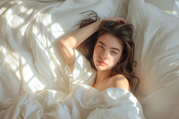 Naklejka premium Happy smiling woman stretching on bed in the morning,Happy woman laying on bed