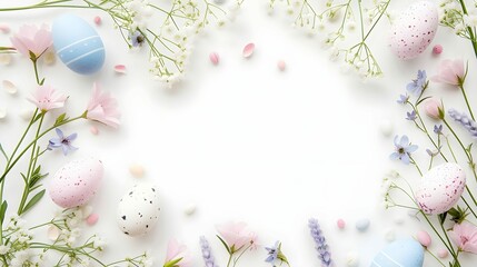 Top view photo of pastel colors easter holiday banner with eggs and sping flowers on white...