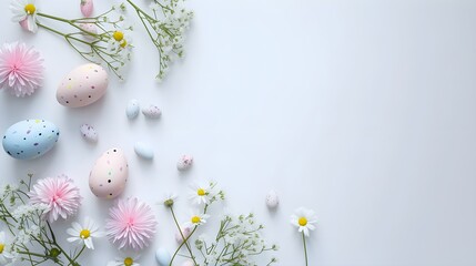 Top view photo of pastel colors easter holiday banner with eggs and sping flowers on white background - obrazy, fototapety, plakaty