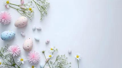 Foto op Canvas Top view photo of pastel colors easter holiday banner with eggs and sping flowers on white background © PSCL RDL