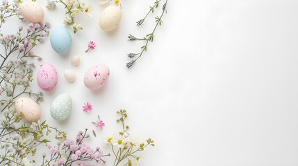 Obraz na płótnie Canvas Top view photo of pastel colors easter holiday banner with eggs and sping flowers on white background