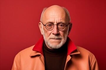 Senior man with coat and glasses on a red background. Studio shot.