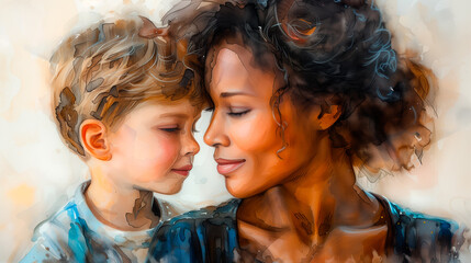 Illustration of an African American mother with her little Caucasian white son