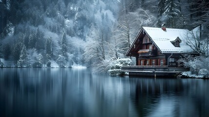Fototapeta premium Timbered house in the midst of winter on a moody lake 