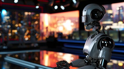 the robot in news studio as a news presenter, speaking, looking at camera, modern studio, blurred background. Artificial intelect in future life. 