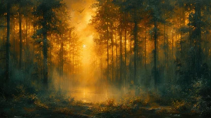 Foto op Canvas Mystical Greens and Golds: Enchanted Forest Scene © Sekai