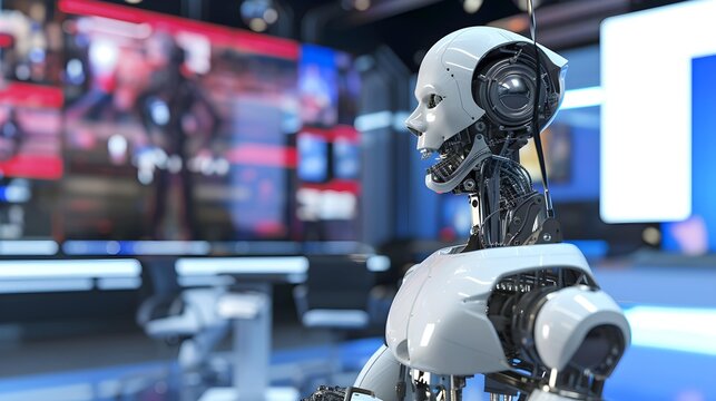 the robot in news studio as a news presenter, speaking, looking at camera, modern studio, blurred background. Artificial intelect in future life. 