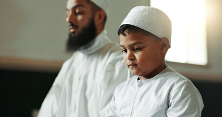 Muslim, praying and man with child in mosque for learning, religious education and worship or...